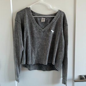 Grey v-neck crop waffle long-sleeve